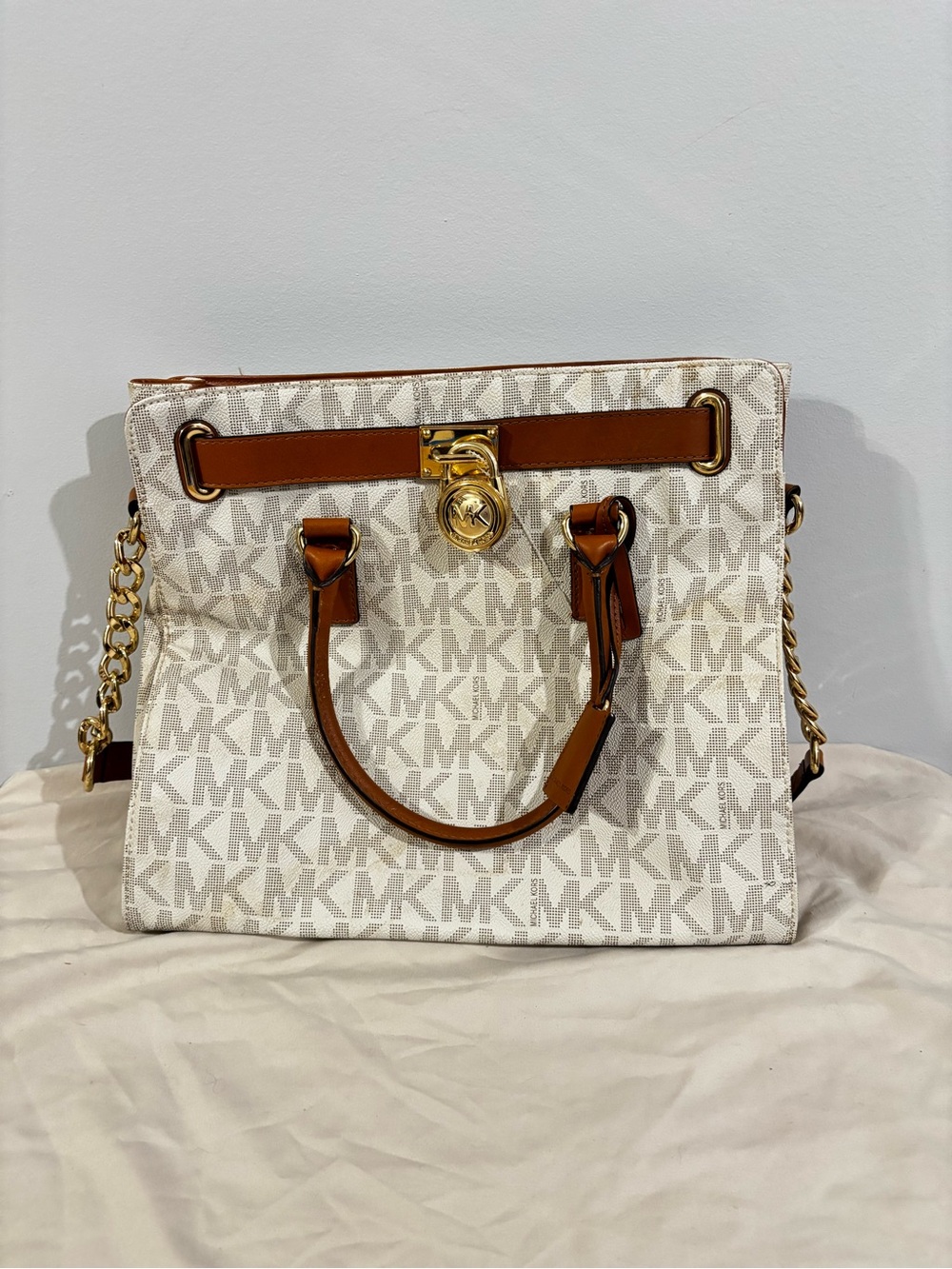 Michael Kors Cream and Brown MK Monogram Satchel with Gold Hardware